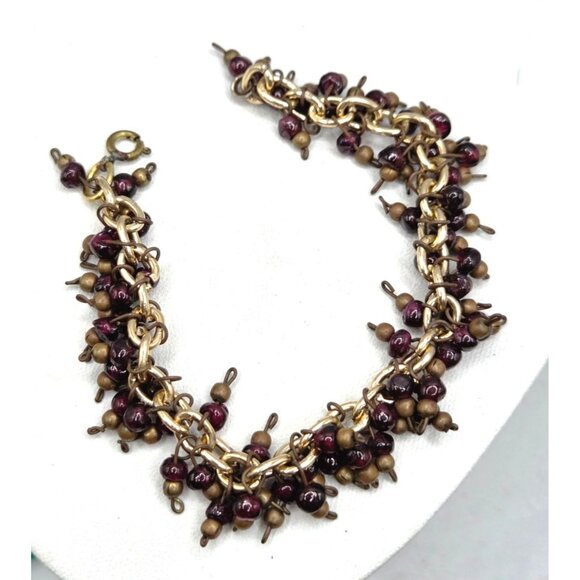 Vintage Gold-Tone Chain Bracelet With Dangling Red & Bronze Beads - Picture 2 of 2